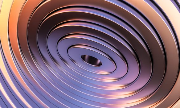 Concentric metallic rings  tunnel  purple  orange gradient. 3d render