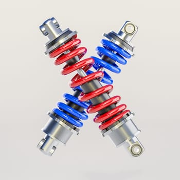 Two  shock absorbers  red  blue springs  crossing each other. 3d render
