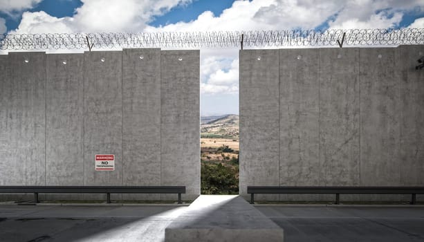Tall concrete border  wall topped  barbed wire gap leading   landscape 3d