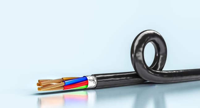 Black electrical cable  copper wires  blue background  rolled up. 3d
