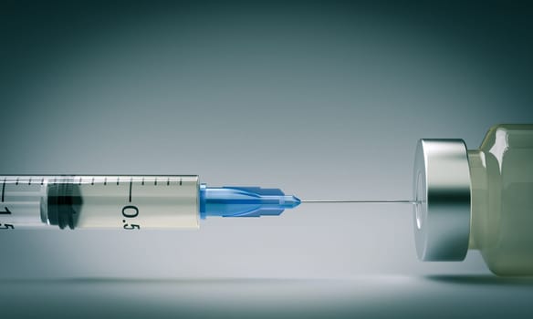 Syringe medication  vaccine  vial  sterile blue background. healt concept 3d