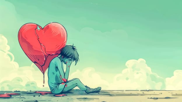 Sad boy is sitting alone, holding a broken heart that is bleeding, symbolizing the pain and sorrow of heartbreak and emotional distress