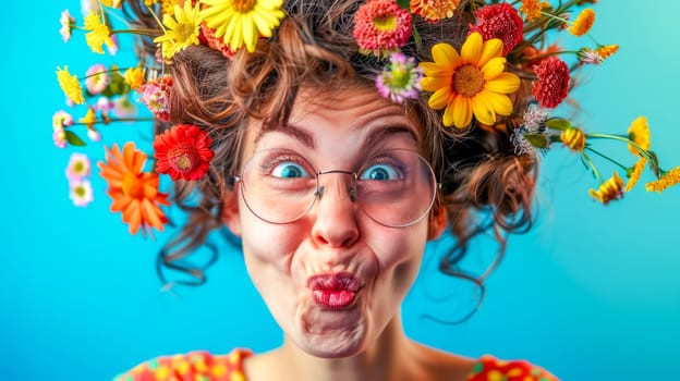 Young woman wearing glasses playfully makes a funny face with a vibrant flower crown on her head against a cheerful blue background, radiating happiness and positivity