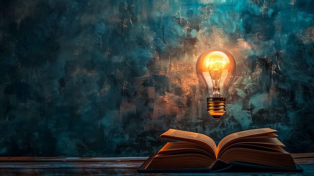 Glowing light bulb hovers over an open book, illuminating pages and symbolizing knowledge power in a mysterious setting