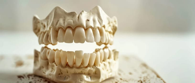 A close-up view of a full set of white artificial teeth sitting on a white surface. The teeth are arranged in a typical dental model, showing the upper and lower rows of teeth. The teeth are clean and white, with a realistic appearance.