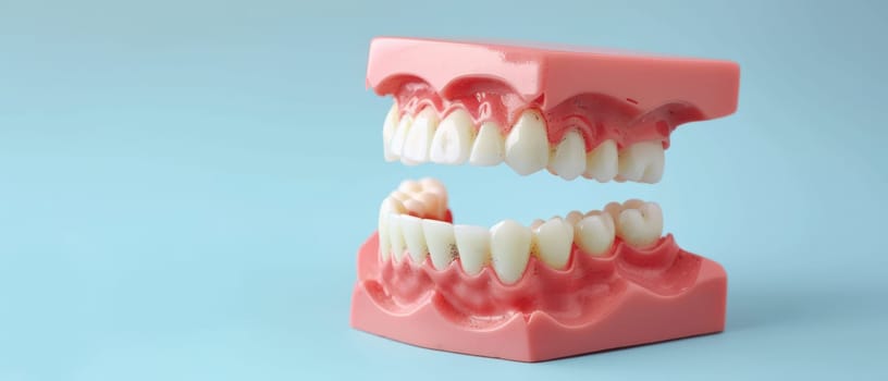 A plastic dental model with white teeth is shown on a light blue background. The model is open, revealing the inside of the mouth. The model is made of pink plastic and the teeth are white.