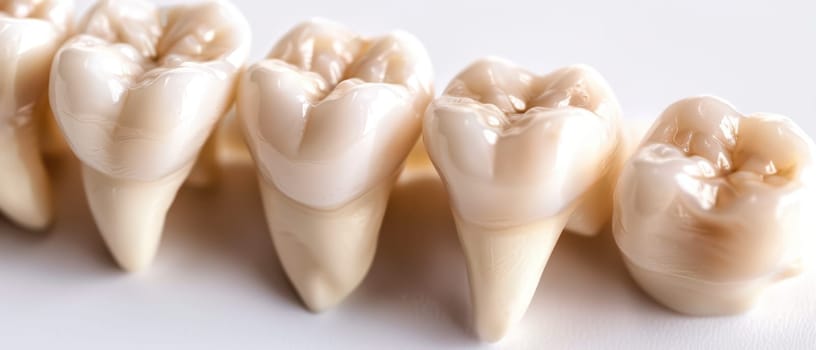A close-up shot of a row of human teeth, showcasing their smooth, white surfaces. The teeth appear to be freshly cleaned and polished, highlighting their natural shape and healthy enamel.