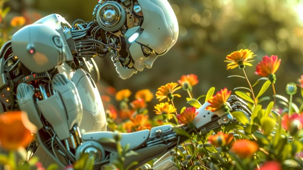 White robot in a garden, delicately holding a colorful flower, bringing it to its metallic face to smell, bathed in warm sunlight, blending nature and technology harmoniously