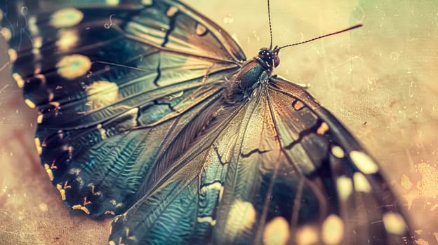 Stunning butterfly rests gracefully, showcasing intricate patterned wings against a vintage background, radiating summer vibes with vibrant colors