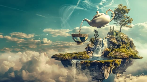 Giant teapot is pouring tea into a cup on a floating island with waterfalls and a tree. This magical and whimsical image evokes peace, tranquility and escape