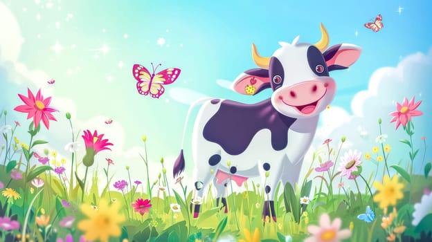 Cheerful cartoon cow smiles in a colorful flower field on a sunny day, with butterflies fluttering around