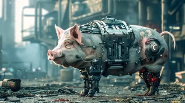 Cyborg pig with robotic legs and weapons systems is standing in the ruins of a city. The pig is looking to the left of the frame