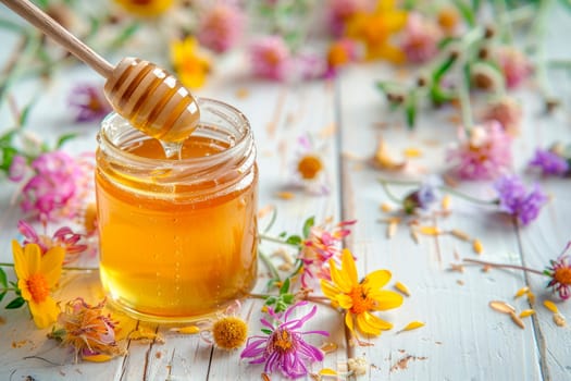 Fresh honey jar with wooden spoon. Glass jar of honey with a wooden spoon dipped into it, set on a white wooden table with scattered wildflowers around. AI generated