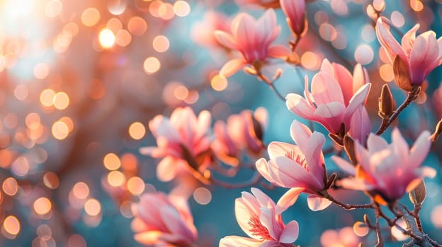 Branches of blossoming pink Magnolia flowers on blurry background. Shallow DOF. AI generated