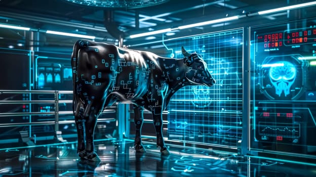 Black cow is standing in a futuristic barn with hud data displayed on the screen showing brain activity. This digital illustration evokes innovation in agriculture. Livestock and animal healthcare