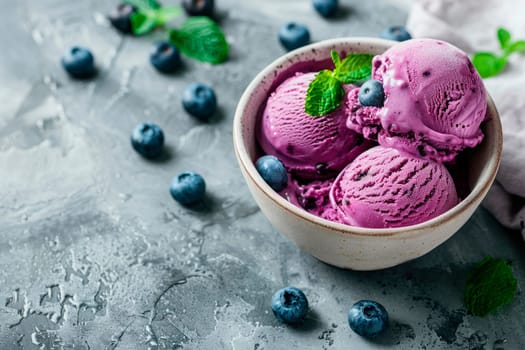 Fresh ice cream in a bowl with a blueberries, close up view. AI generated