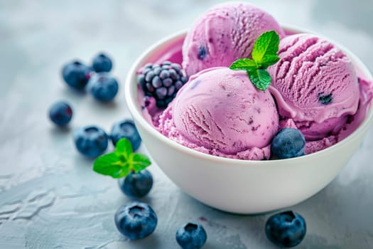 Fresh ice-cream in a bowl with a blueberries, close up view. AI generated