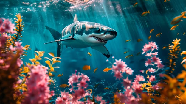 Abstract colorful coral reef with underwater flowers and a big shark. AI generated