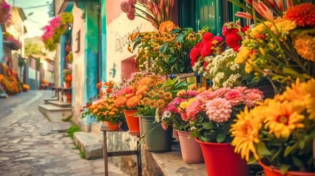 Flower shop is displaying a variety of colorful flowers in pots and buckets on a narrow street. The shop is painted in bright colors and decorated with hanging plants