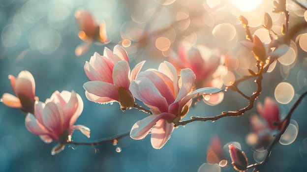 Branches of blossoming Magnolia flowers on blurry background. Shallow DOF. AI generated