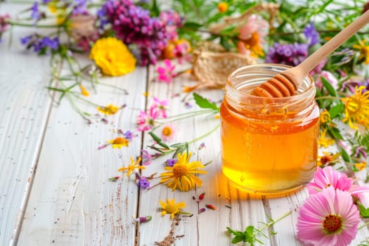 Fresh honey jar with wooden spoon. Glass jar of honey with a wooden spoon dipped into it, set on a white wooden table with scattered wildflowers around. AI generated