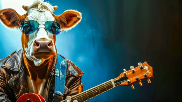 Cow with attitude wearing a leather jacket and sunglasses is playing an electric guitar on stage under blue lights. This funny conceptual image is about music, farm animals, and being cool