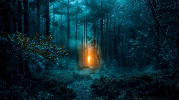 Walking through a forest, a magical light glows at the end of a foggy path, enveloping the surroundings in mystery and enchantment