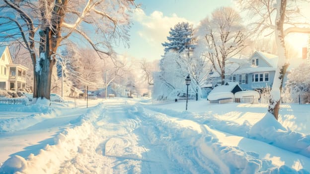 Snowy street is illuminated by the morning sun, with snow piled high on either side of the road. The trees lining the street are covered in a blanket of snow, creating a picturesque winter scene