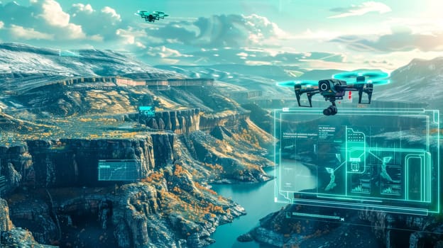 Drone captures aerial data and uses augmented reality software to map and analyze a stunning canyon landscape, providing a unique perspective of the environment
