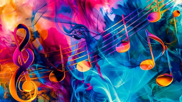 Beautiful golden treble clef and musical notes float on vibrant abstract background of colorful smoke, evoking creativity and rhythm