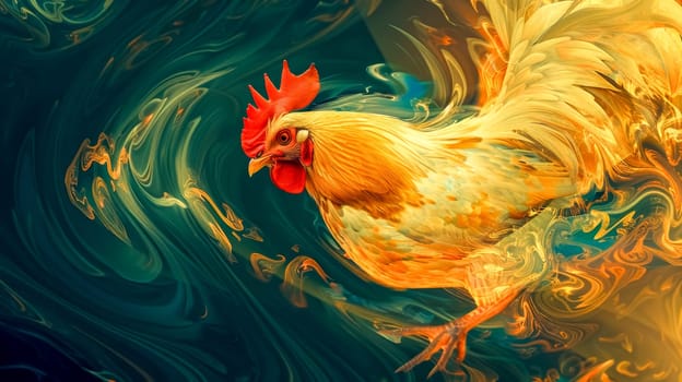 Abstract digital illustration of a rooster with colorful swirls. Perfect for projects related to animals, nature, and abstract art