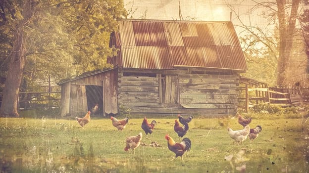Several chickens are enjoying a sunny afternoon foraging for food in the grass outside a weathered wooden barn on a farm