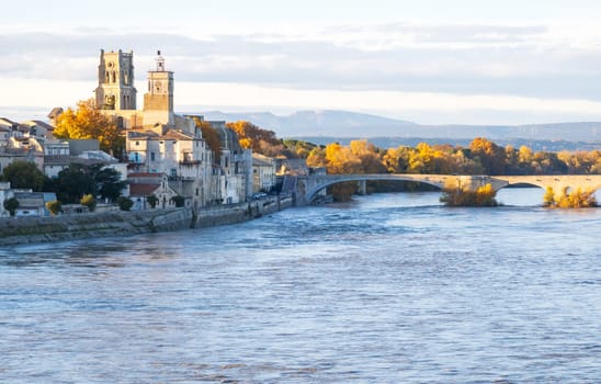 Pont-Saint-Esprit and its bridge over the Rhone river photographed in Occitanie, France