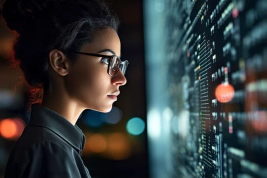 Data scientist looking at big screen with data visualisation. AI researcher. Analyzing and developing ai technology. AI engineering. Big data analysis and management. Data visualization. Software developer at work. Artificial intelligence expert. Data analyzing technology. Innovation and future tech