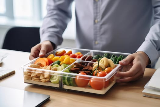 Person is eating healthy balanced lunch at work. Prepared meal ready to eat at office. Lunch in container for office worker. Having lunch at work. Healthy style. Healthy office box with sliced vegetables and fruits. Fresh, healthy and convenient meal