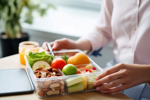Person preparing meal for lunch at work. Having healthy balanced lunch at work. Prepared meal ready to eat at office. Lunch in container for office worker. Healthy office box with sliced vegetables and fruits. Fresh, healthy and convenient meal