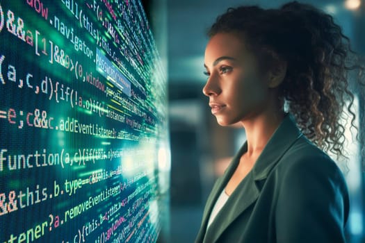 Software developer. Data science. Analyzing and developing software on futuristic virtual interface screen. Big data analysis and management, data visualization. Developer at work. AI researcher. Data scientist. Software developer, artificial intelligence resercher. Data analyzing technology