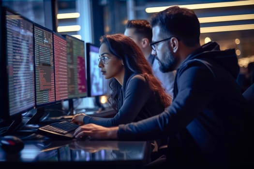 Data scientists looking at screens with data visualisation. AI researcher. Analyzing and developing ai technology. AI engineering. Big data analysis and management. Data visualization. Software developer at work. Artificial intelligence expert. Data analyzing technology. Innovation and future tech