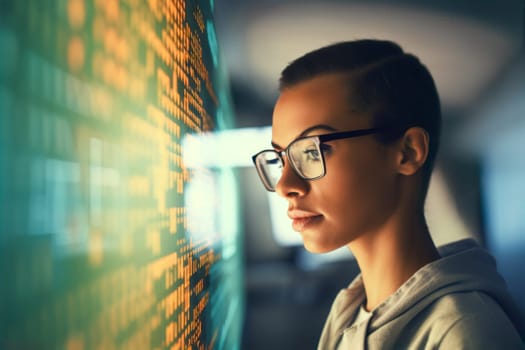 Data scientist looking at big screen with data visualisation. AI researcher. Analyzing and developing ai technology. AI engineering. Big data analysis and management. Data visualization. Software developer at work. Artificial intelligence expert. Data analyzing technology. Innovation and future tech