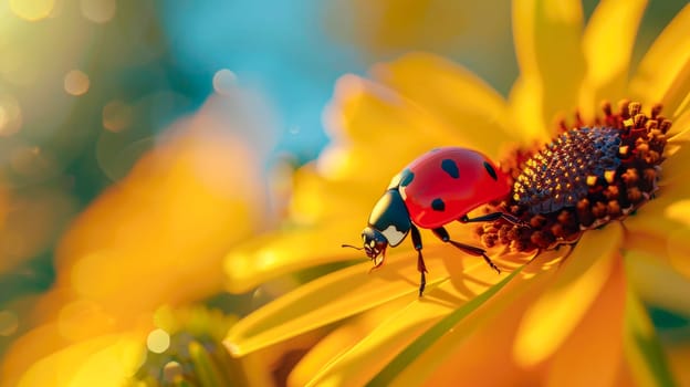 A close-up of the ladybug on a yellow flower. Small ladybird on yellow flower petals. AI generated