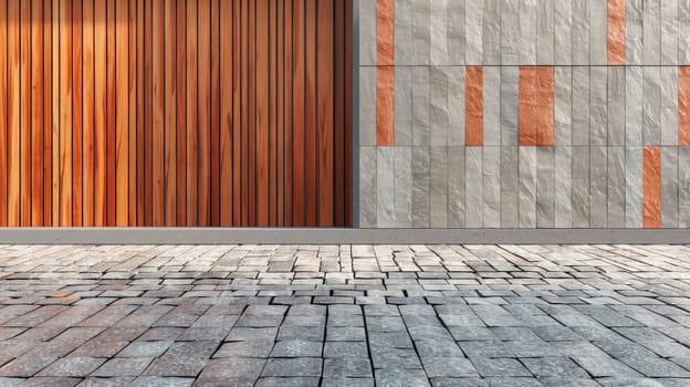 Exterior of elegant house with decorative wooden panels on wall and  cobblestone path. AI generated