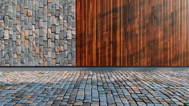 Exterior of modern house with decorative wooden panels on wall and  cobblestone path. AI generated