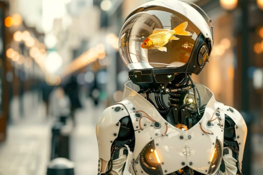 Robot with a water bowl with golden fish instead of a head. AI generated