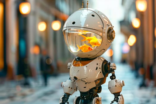 Robot with a head made out of a fish bowl with a golden fishes inside, walking down a city center. AI generated