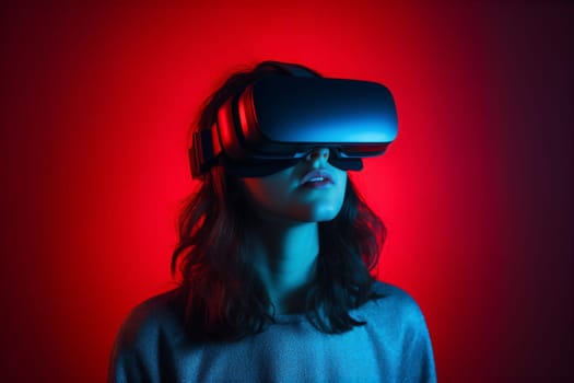 Young woman enjoying virtual reality experience in modern VR headset. Studying with new tech, simulation sciences. Student wears a virtual reality headset to study science home online. Futuristic lifestyle. VR, Virtual Reality, VR Goggles. Latest technology, games, augmented reality, AI, science. Modern ways of learning and studing