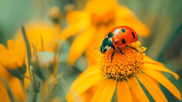 A close-up of the ladybug on a yellow flower. Small ladybird on yellow flower petals. AI generated