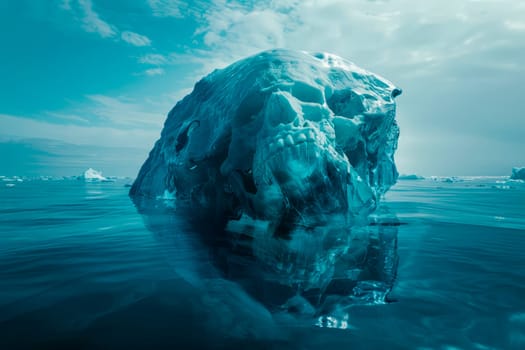 Iceberg in the shape of a human skull. Hidden dangers in cold arctic water. AI generated