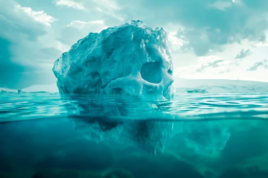 Iceberg in the shape of a human skull. Hidden dangers with a deceptive hazardous iceberg in cold arctic water. AI generated