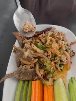 Thai spicy minced pork salad, stock photo