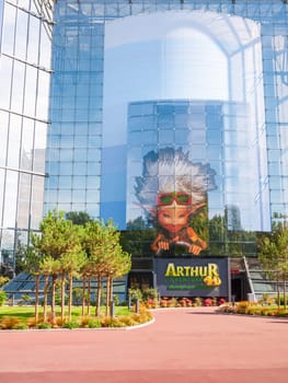 Poitiers, France - September 18 2010: Arthur, the 4D adventure. Glass building in Futuroscope, a French amusement park that lets you experience sounds, images, and sensations